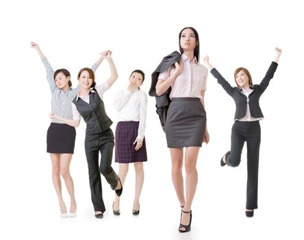 Confident business woman lead her excited team, full length portrait of group people isolated on white background.