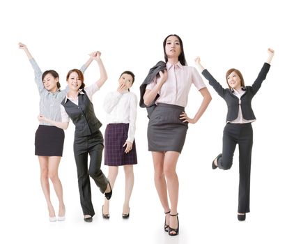 Confident business woman lead her excited team, full length portrait of group people isolated on white background.