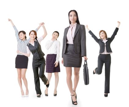 Confident business woman lead her excited team, full length portrait of group people isolated on white background.