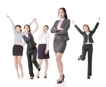 Confident business woman lead her excited team, full length portrait of group people isolated on white background.