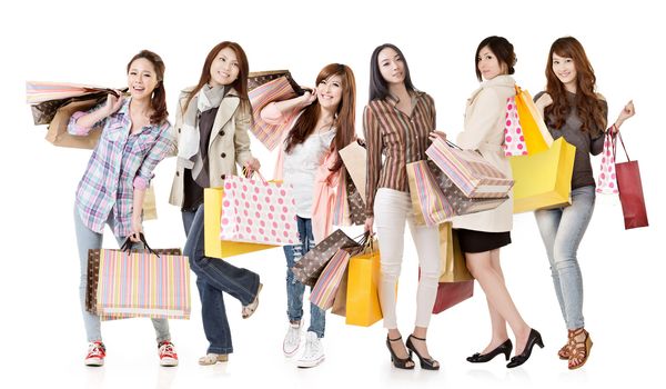 Group of Asian shopping women isolated on white background.