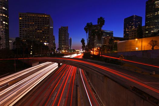 Los Angeles freeways during rush hour at sunset
