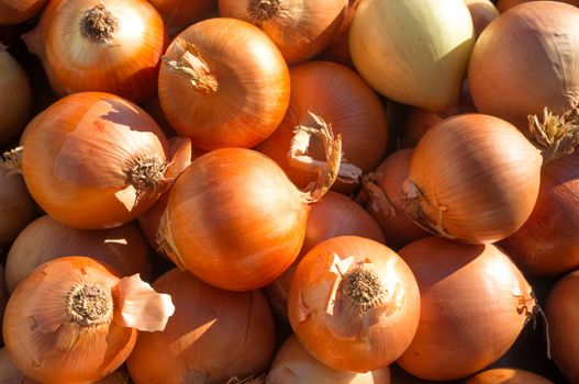 Fresh onions on display at a street market stall