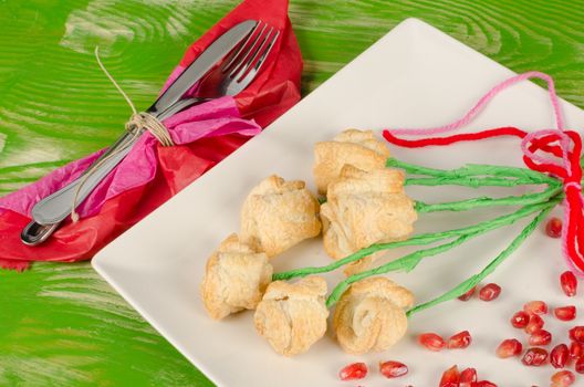 Fancy Valentines day dessert  arranged as a bunch of flowers