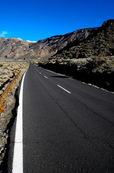 Desert Lonely Road Landscape in Volcan Teide National Park, Tenerife, Canary Island, Spain