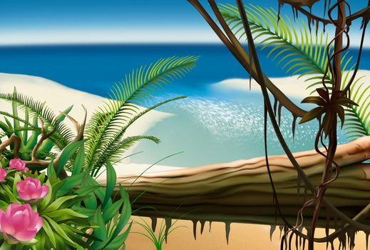 Bay Beach - Tropical Background, Hand Drawn Illustration