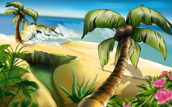 Island Of Dreams - Tropical Background, Bitmap Illustration