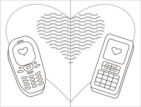 Enamored mobile phones with hearts, monochrome contours