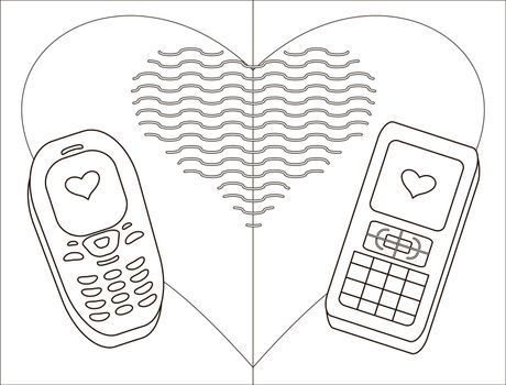 Enamored mobile phones with hearts, monochrome contours
