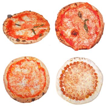 Many types of vegetarian pizzas including Italian pizza margherita isolated over white