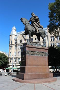 monument of Daniel of Galicia sitting on horse in Lvov city