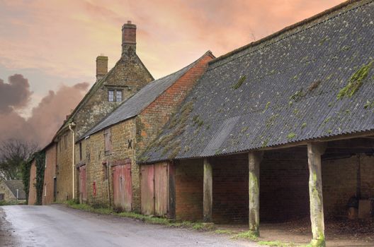Old farm buildings at Winderton, Warwickshire, England.