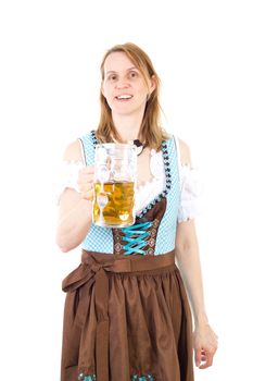 Beautiful woman wearing dirndl and holding beer glassware