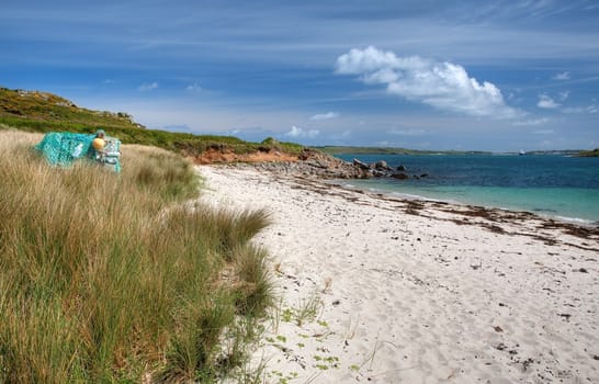 The white sandy beach at Rushy Bay, Bryher, Isles of Scilly, Cornwall, England.
