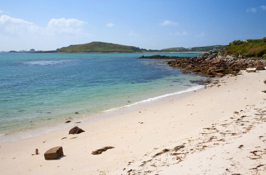 White sands at Appletree Bay, Tresco, Isles of Scilly, Cornwall, England.