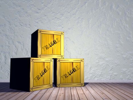 Three fragile crates in a room next to the wall
