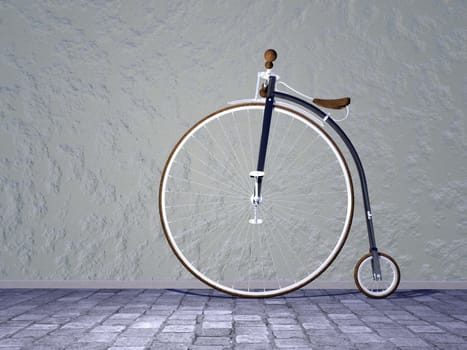 Beautiful old vintage bicycle with one big front wheel in the street