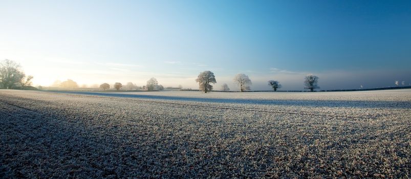 Hoar frost over the Gloucestershire countryside near Chipping Campden, England.