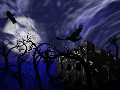 Illustration of night forest with full moon. Also a castle with ravens in the air