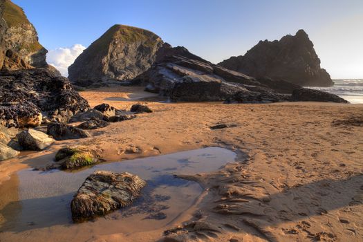 Bedruthan Steps at sunset, Conwall, England.