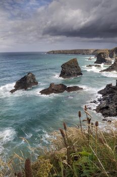Looking down on Bedruthan Steps, Cornwall, England.