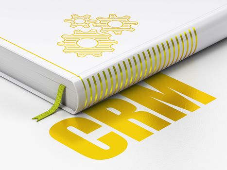 Business concept: closed book with Gold Gears icon and text CRM on floor, white background, 3d render