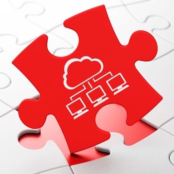 Cloud networking concept: Cloud Network on Red puzzle pieces background, 3d render