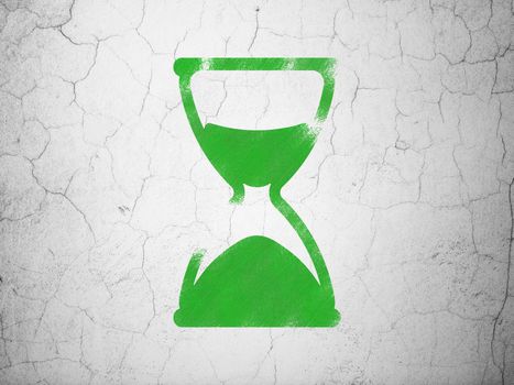 Timeline concept: Green Hourglass on textured concrete wall background, 3d render