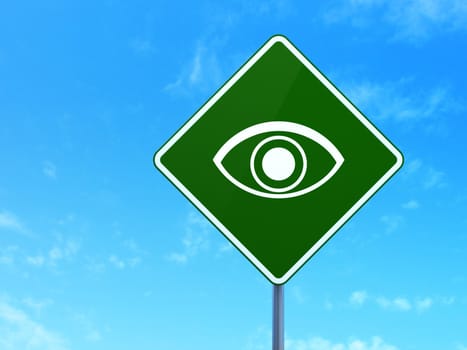 Protection concept: Eye on green road (highway) sign, clear blue sky background, 3d render