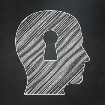 Safety concept: Head With Keyhole icon on Black chalkboard background, 3d render