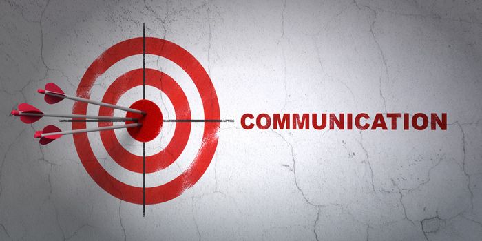 Success advertising concept: arrows hitting the center of target, Red Communication on wall background, 3d render