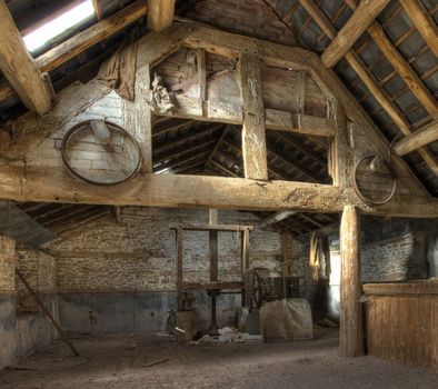 Stone and timber-frame oast house interior, Leominster, Herefordshire, England.