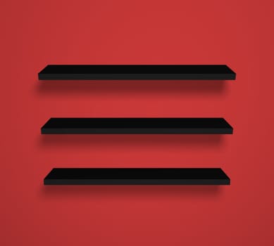 Illustration of three black shelves on a red wall