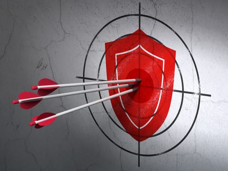 Success protection concept: arrows hitting the center of Red Shield target on wall background, 3d render
