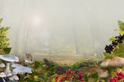 Autumn background with squirrel, berries and other flora set in a misty beech wood.