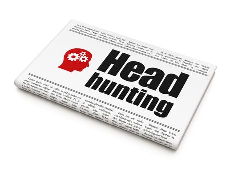 Finance concept: newspaper headline Head Hunting and Head With Gears icon on White background, 3d render