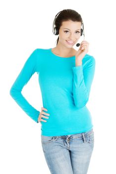 Beautiful young call-center assistant smiling , isolated