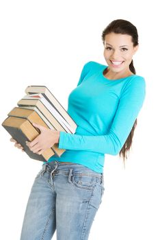 Young caucasian woman (student) with books , isolated on white