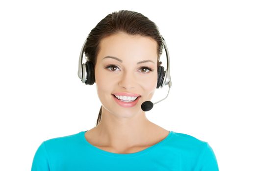 Beautiful young call-center assistant smiling , isolated