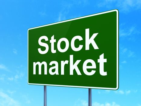 Business concept: Stock Market on green road (highway) sign, clear blue sky background, 3d render