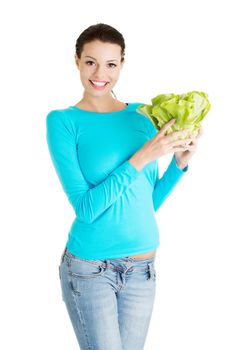 Portrait of attractive caucasian smiling woman with salat, isolated on white