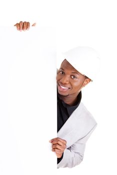 Businessman presenting empty banner. Isolated on white background