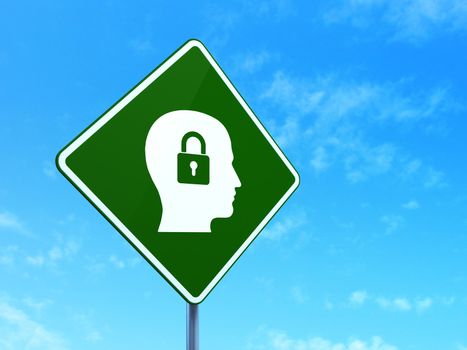 Finance concept: Head With Padlock on green road (highway) sign, clear blue sky background, 3d render