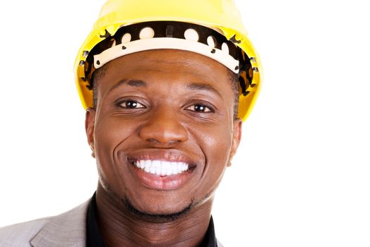 Happy successful businesman in helmet. Isolated on white.