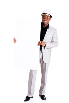 Businessman presenting empty banner. Isolated on white background