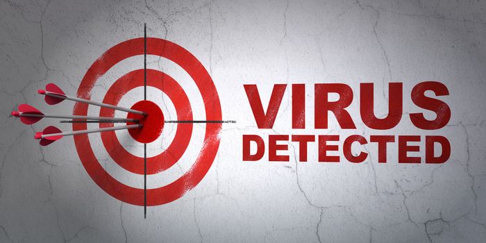 Success privacy concept: arrows hitting the center of target, Red Virus Detected on wall background, 3d render