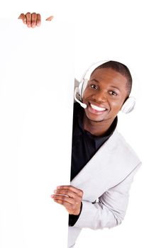 Successful call center worker with blank board, isolated on white