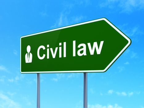 Law concept: Civil Law and Business Man icon on green road (highway) sign, clear blue sky background, 3d render