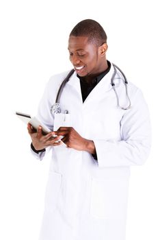 Smiling doctor using a tablet computer isolated on a white background