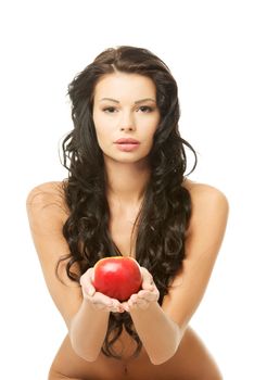 Sexy woman with red apple, isolated on white